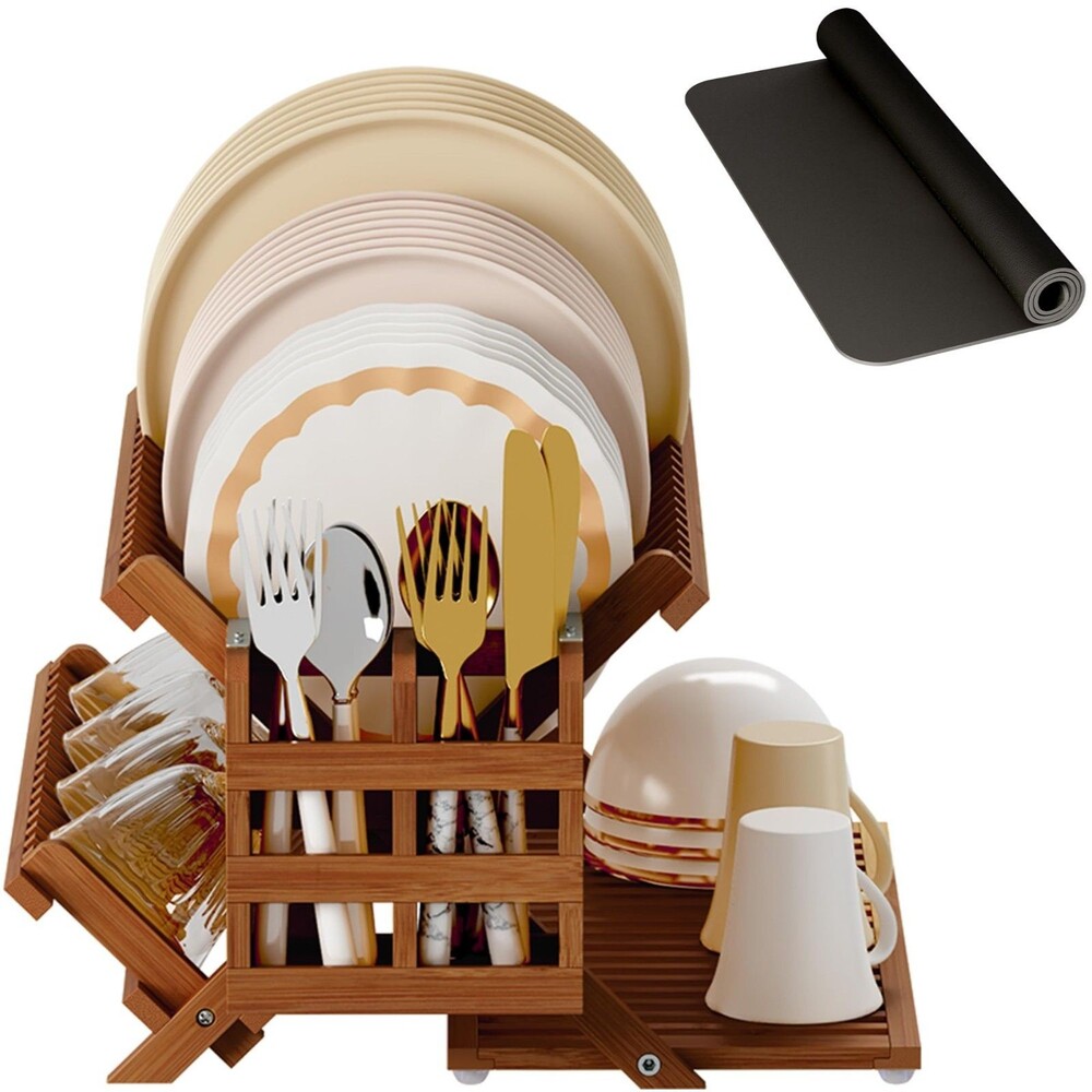 Greenual Teak 3-Tier Bamboo Dish Drying Rack with Utensil Holder